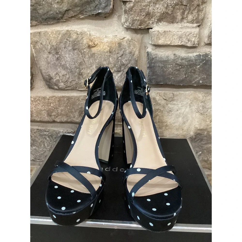 Madden Girl Womens Size 6 Cady Black White Polka Dot Platform Block Heels New